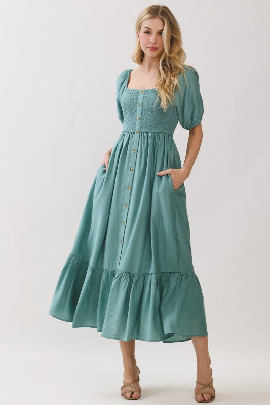 Teal Button Midi