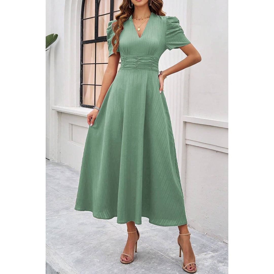V Neck Solid Puff Sleeves Fit Full Dress