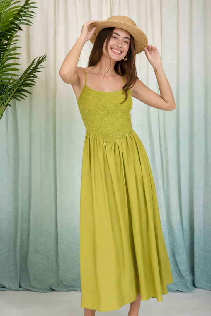 SMOCKED BASQUE WAIST SPAGHETTI STRAP MIDI DRESS