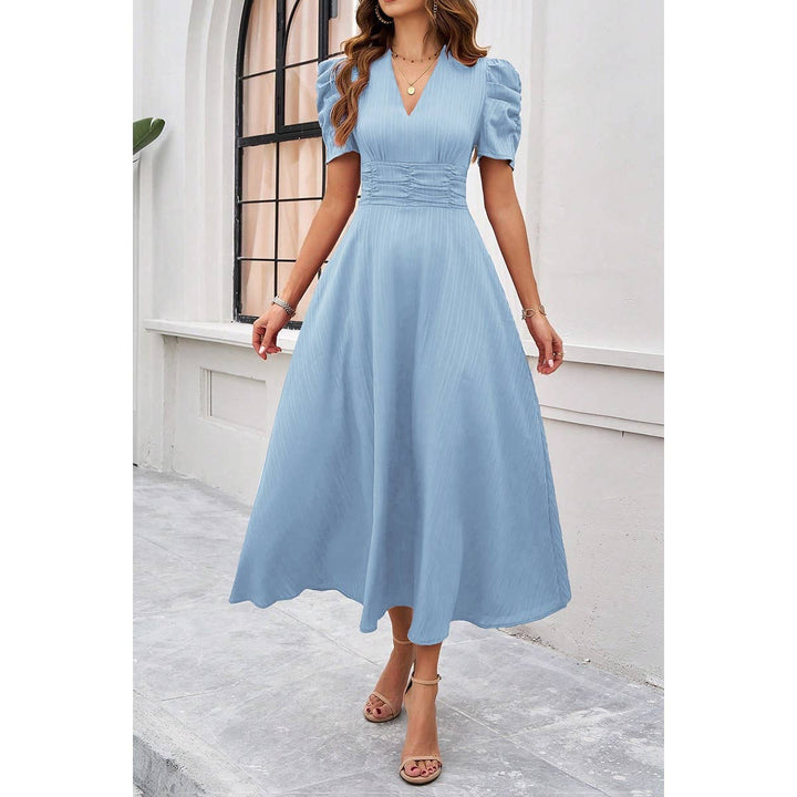 V Neck Solid Puff Sleeves Fit Full Dress