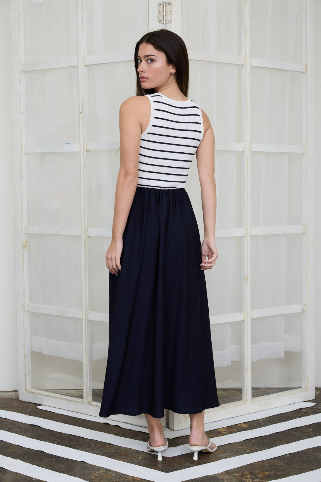 STRIPE TANK SLEEVELESS MIXED MEDIA MIDI DRESS