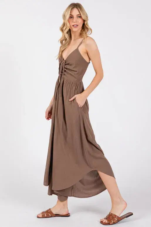 Woven Solid Front Ruched Midi Jumpsuit - VNJU60322