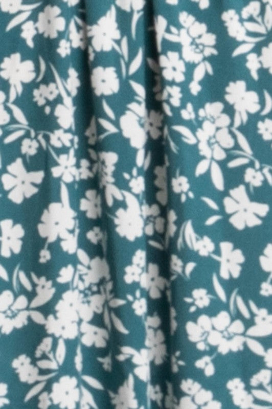 Teal floral print fabric detail on midi dress
