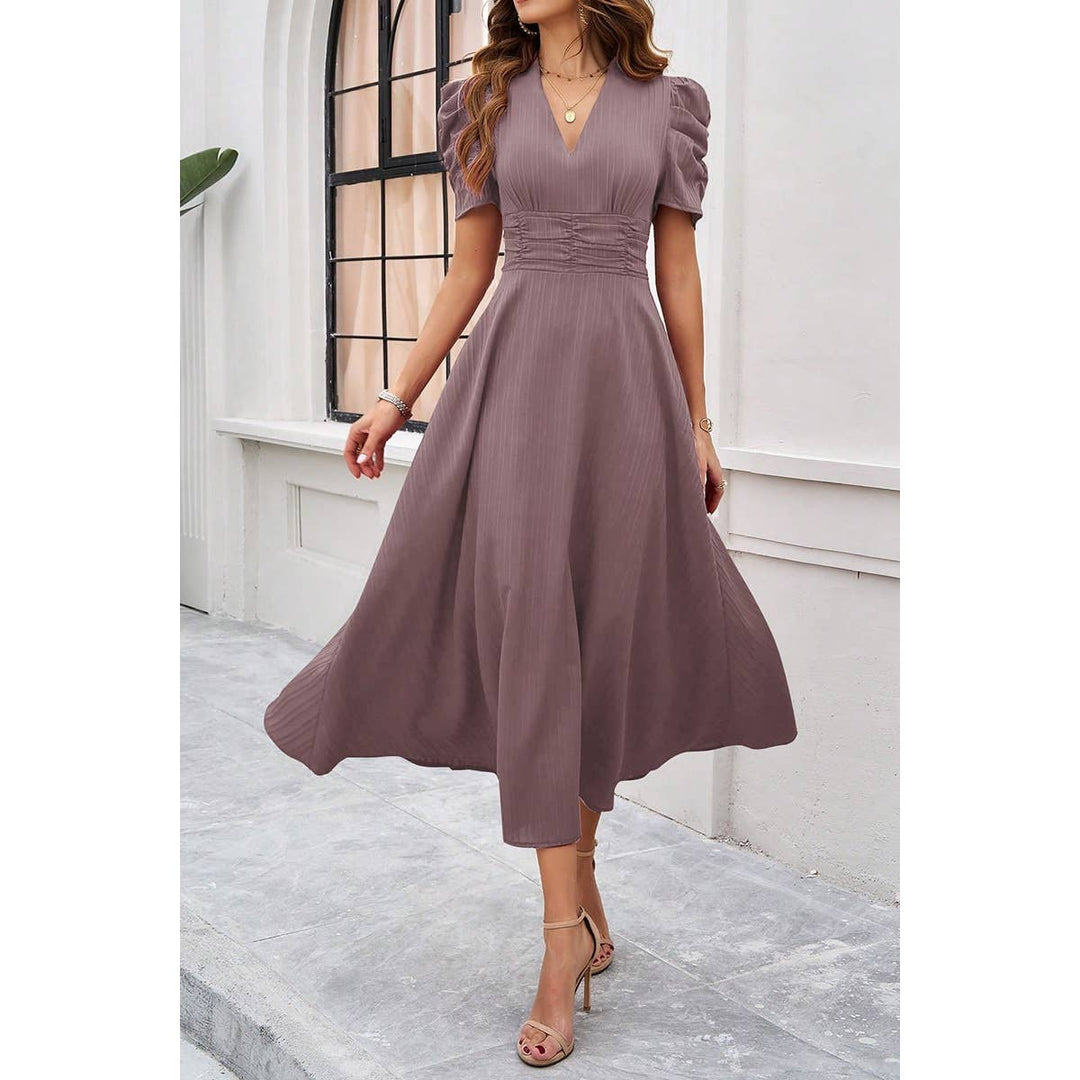 V Neck Solid Puff Sleeves Fit Full Dress