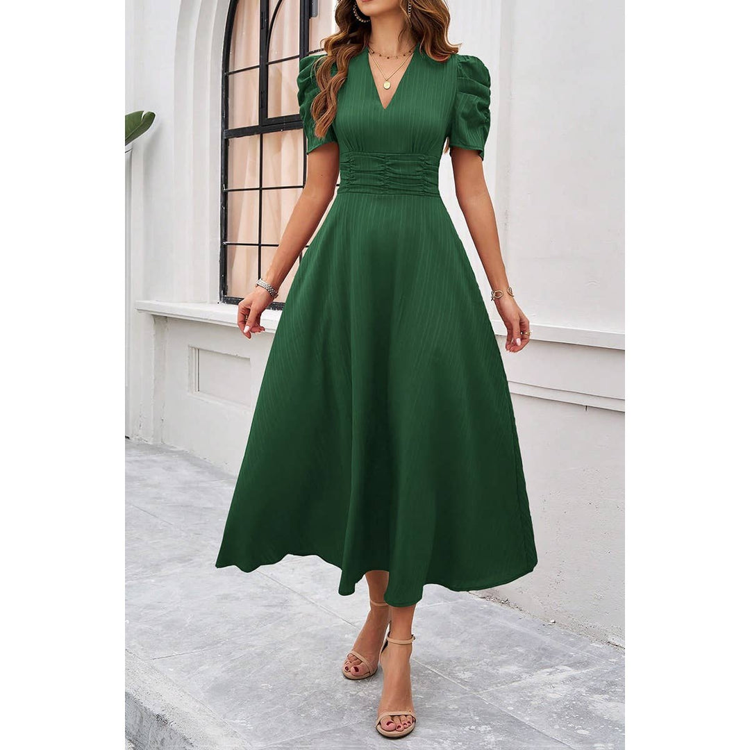 V Neck Solid Puff Sleeves Fit Full Dress