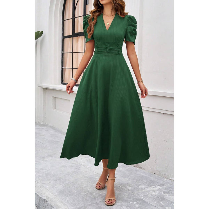 V Neck Solid Puff Sleeves Fit Full Dress