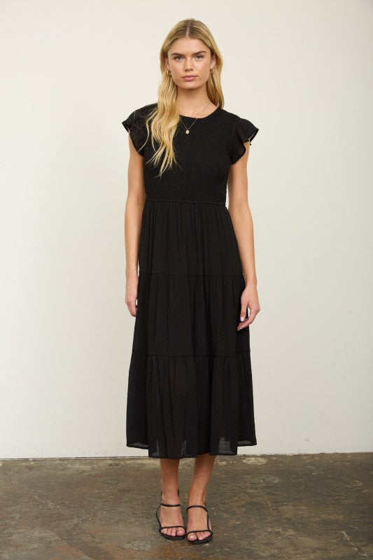 Black Smocked Midi Dress