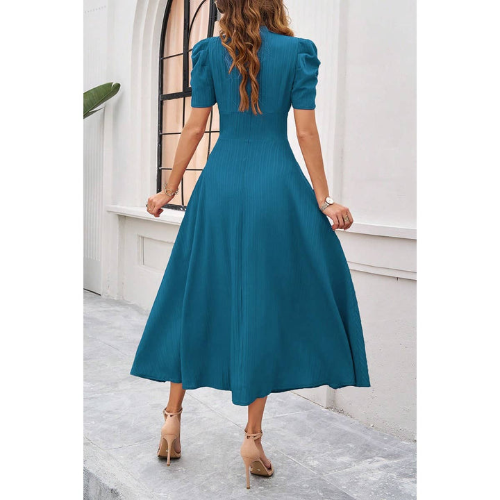 V Neck Solid Puff Sleeves Fit Full Dress