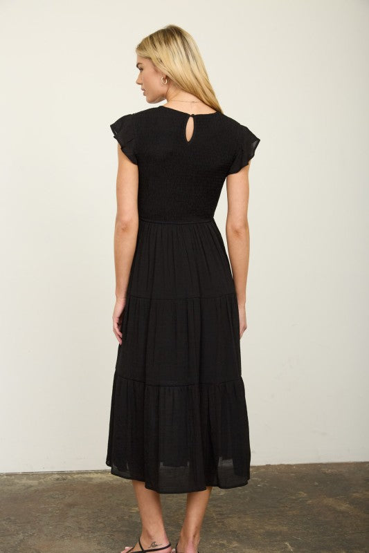 Black Smocked Midi Dress