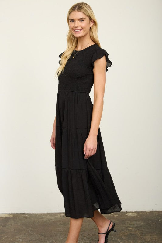 Black Smocked Midi Dress