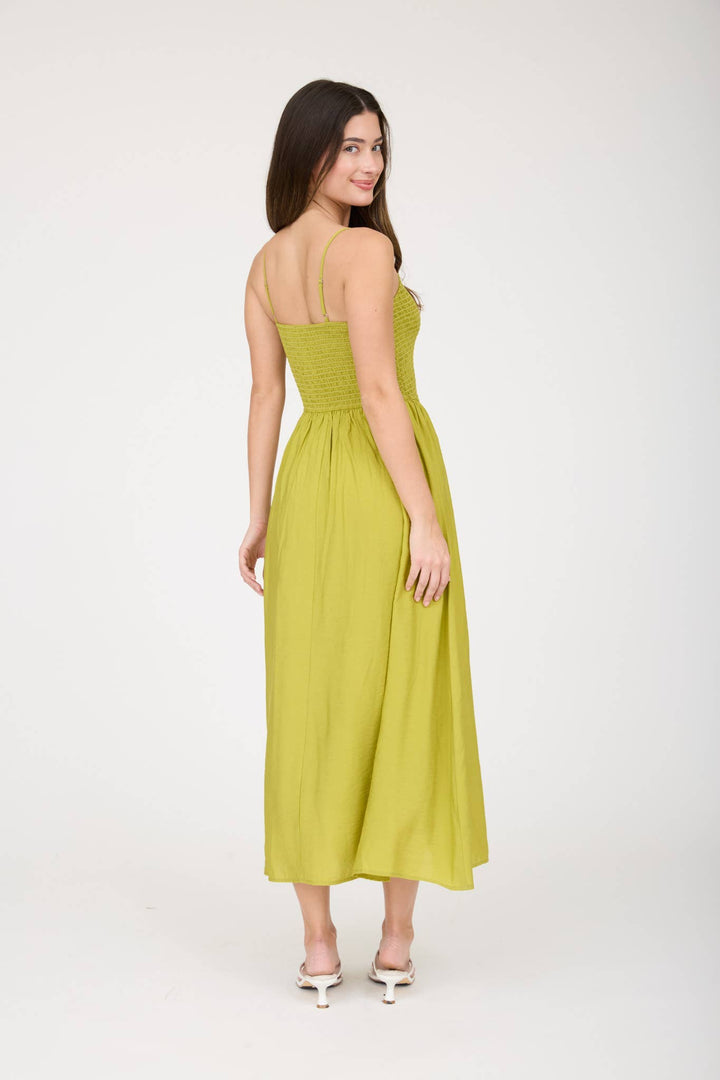 SMOCKED BASQUE WAIST SPAGHETTI STRAP MIDI DRESS