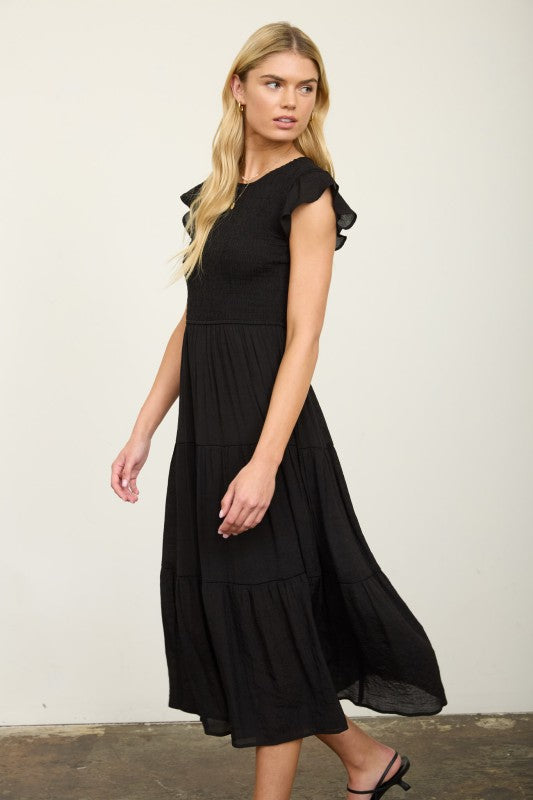 Black Smocked Midi Dress