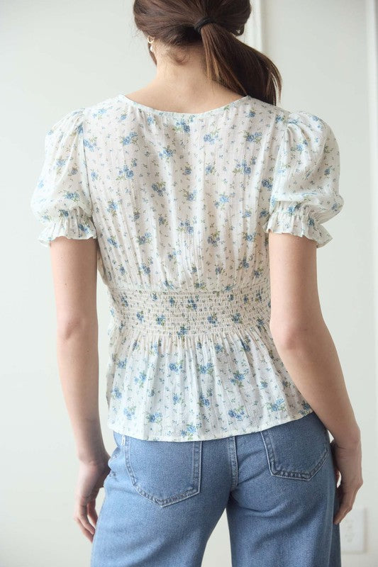 Blue Ditsy Floral Peplum Blouse