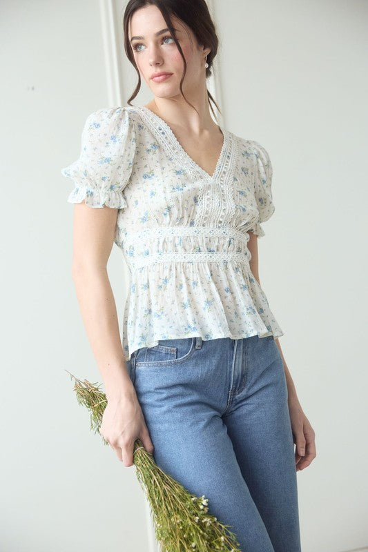 Blue Ditsy Floral Peplum Blouse
