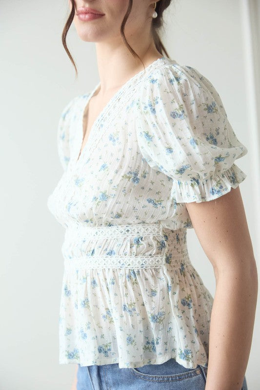 Blue Ditsy Floral Peplum Blouse