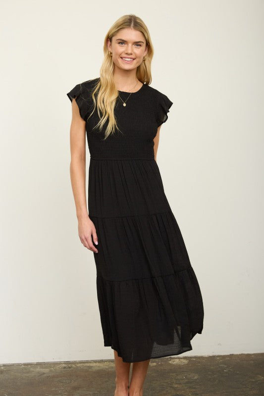 Black Smocked Midi Dress