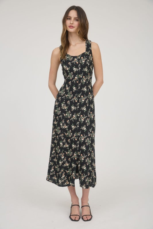 Black Blossom Midi Dress