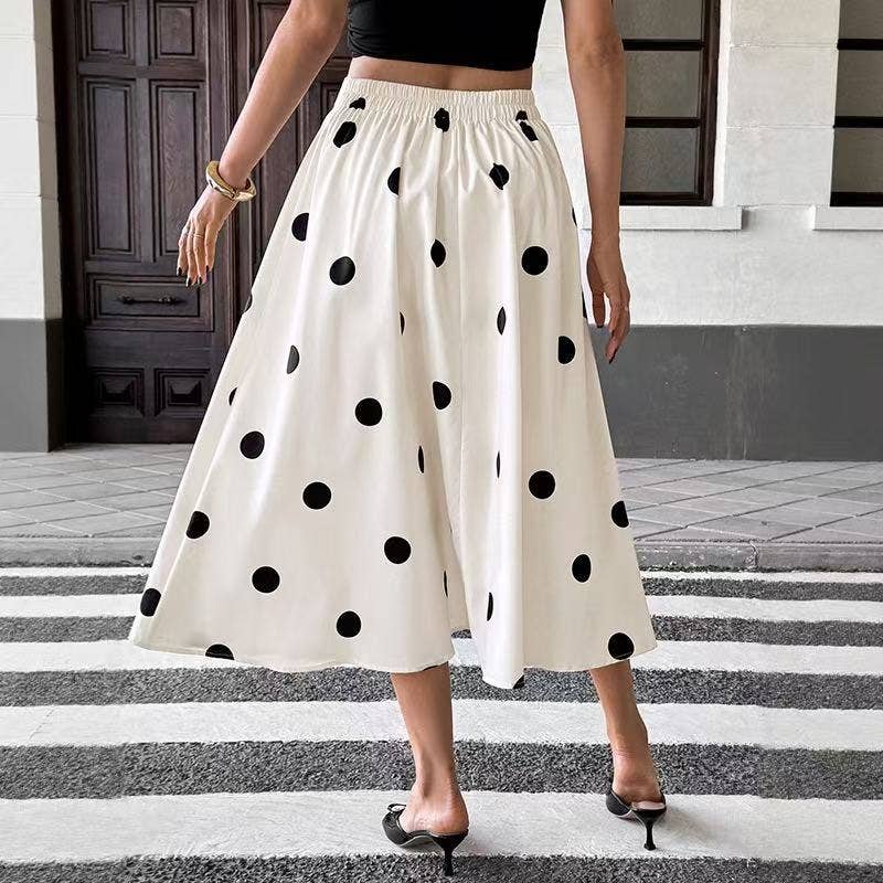 Retro Polka Dot Button-Front Midi Skirt