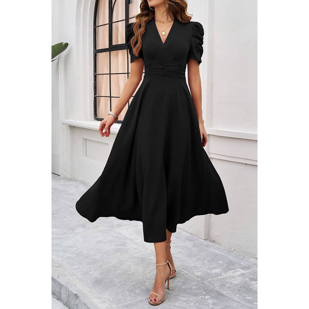 V Neck Solid Puff Sleeves Fit Full Dress