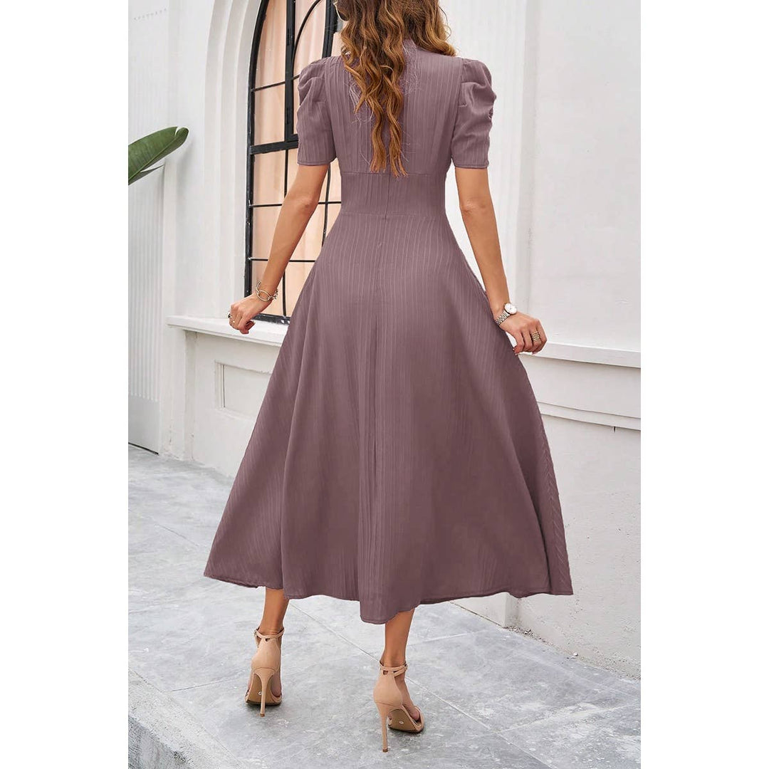 V Neck Solid Puff Sleeves Fit Full Dress