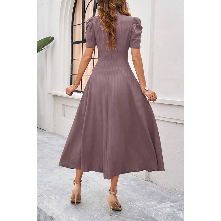 V Neck Solid Puff Sleeves Fit Full Dress