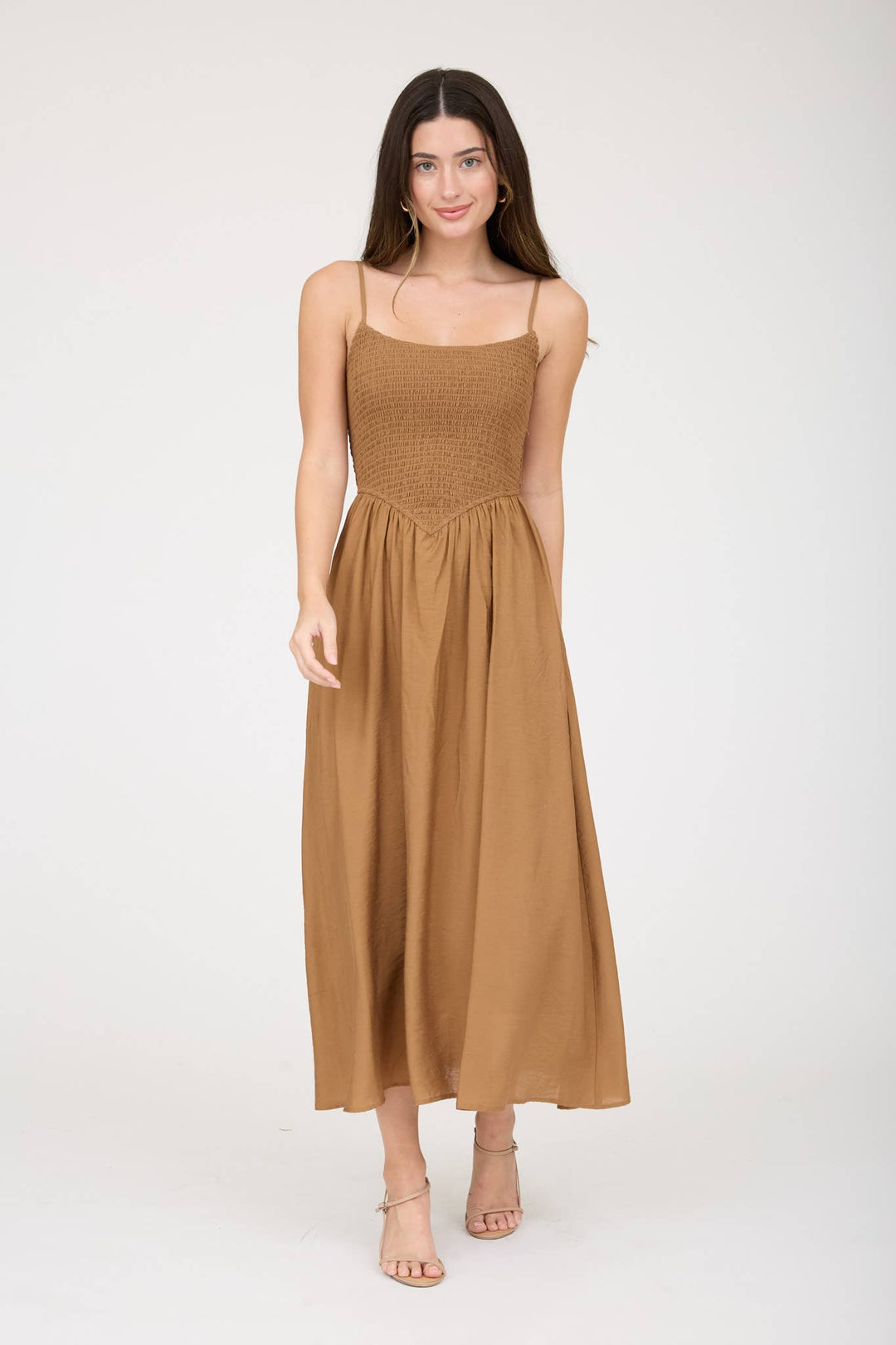 SMOCKED BASQUE WAIST SPAGHETTI STRAP MIDI DRESS