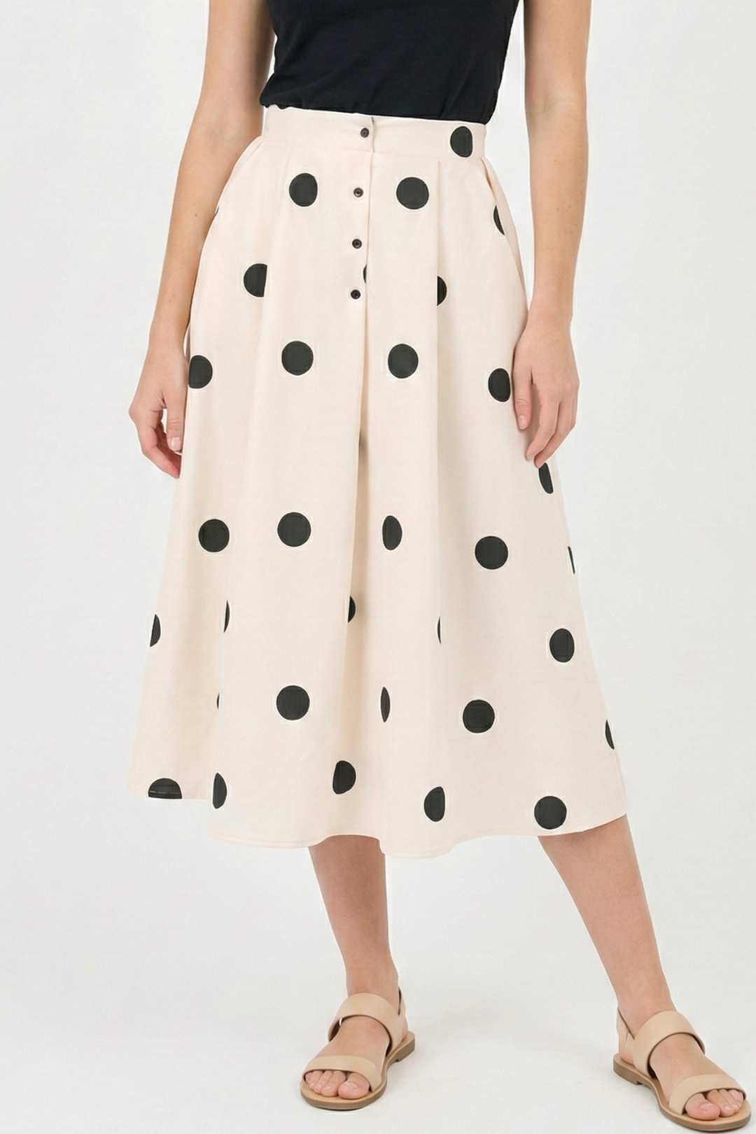 Retro Polka Dot Button-Front Midi Skirt