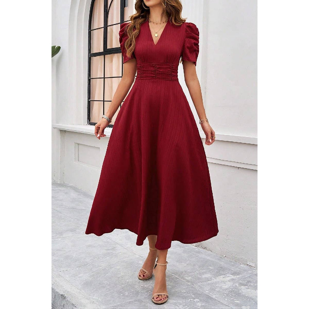 V Neck Solid Puff Sleeves Fit Full Dress