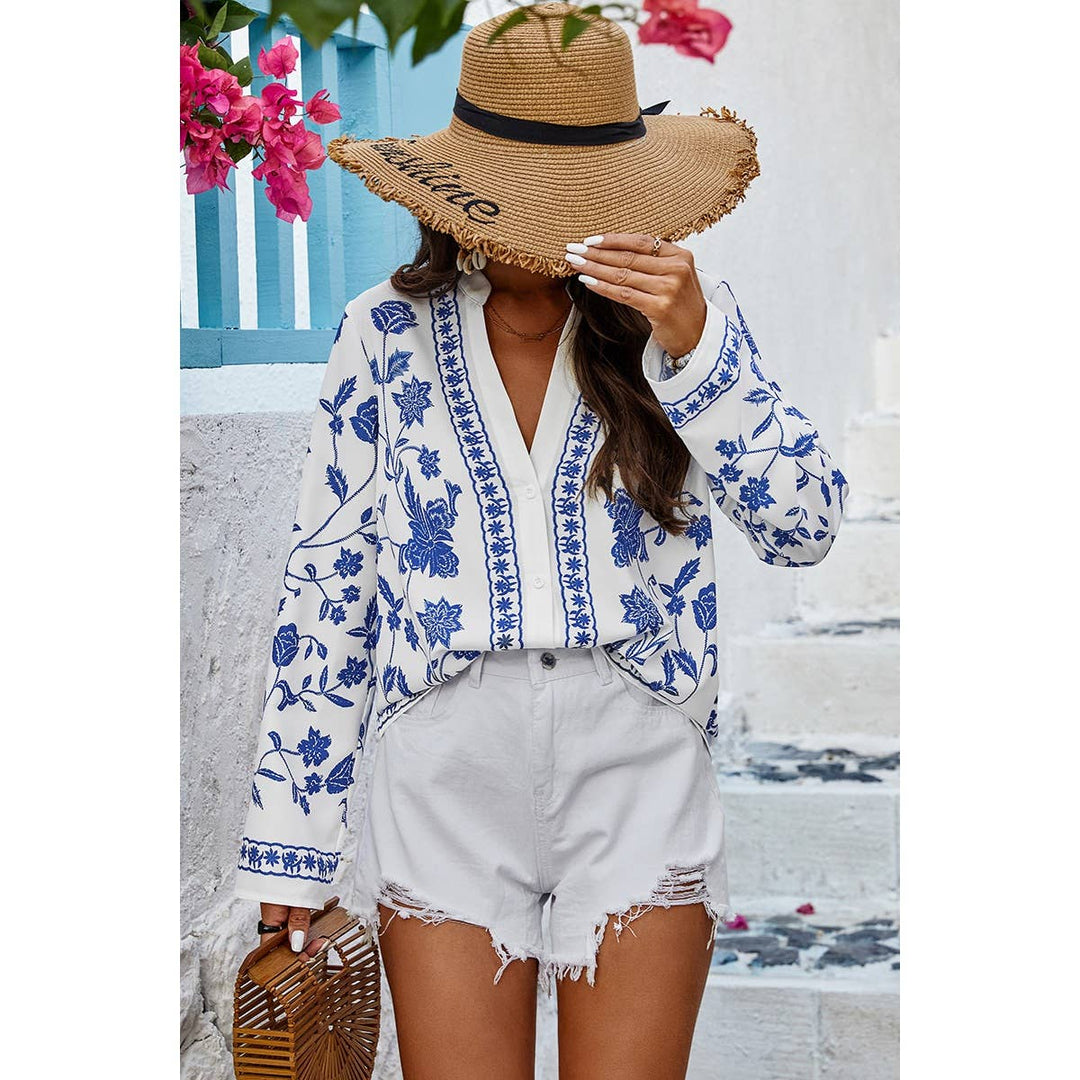 Floral Print Deep V Loose Fit Long Sleeves Blouse