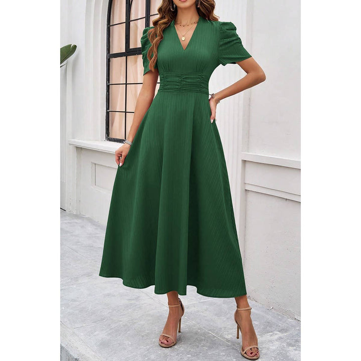 V Neck Solid Puff Sleeves Fit Full Dress