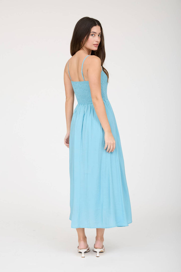 SMOCKED BASQUE WAIST SPAGHETTI STRAP MIDI DRESS