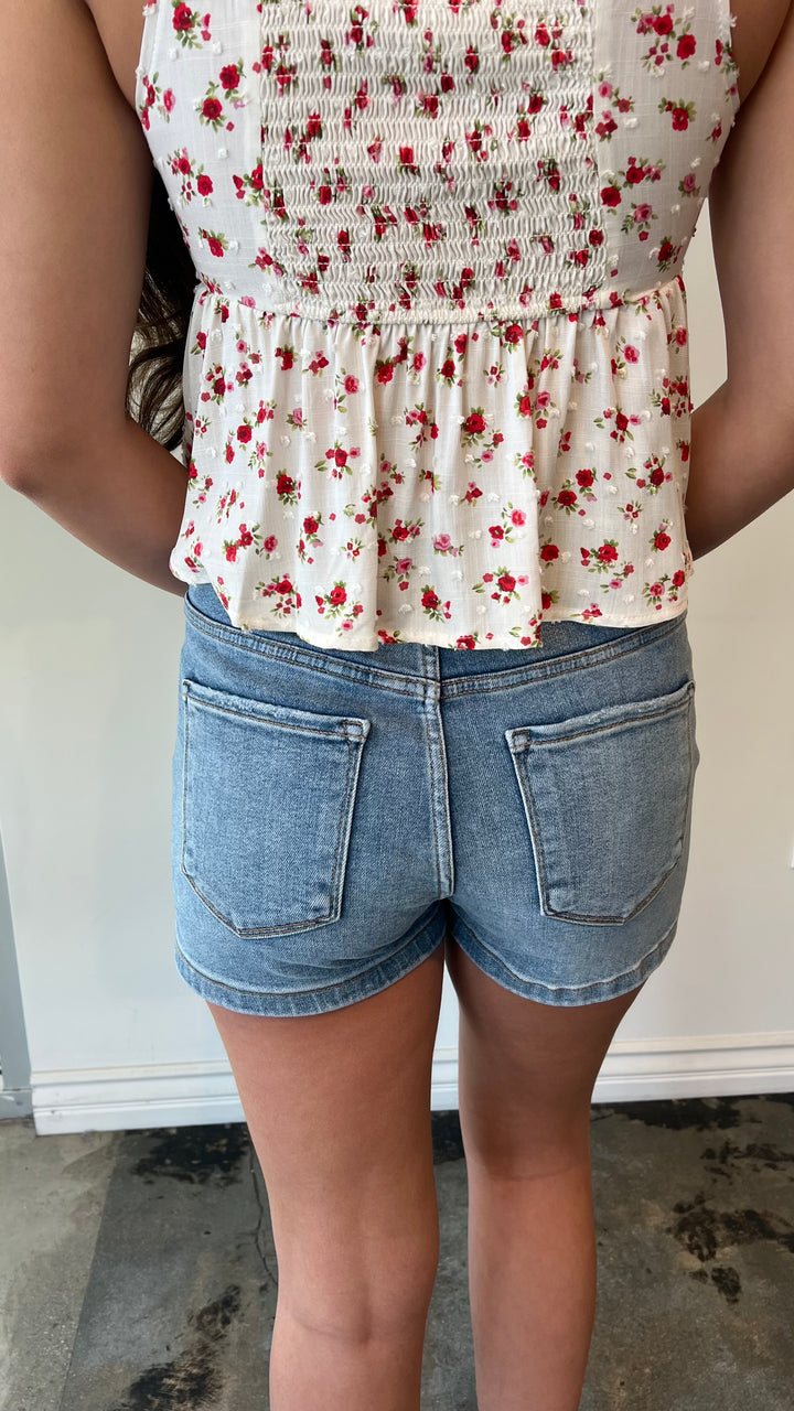 Denim bow detail shorts