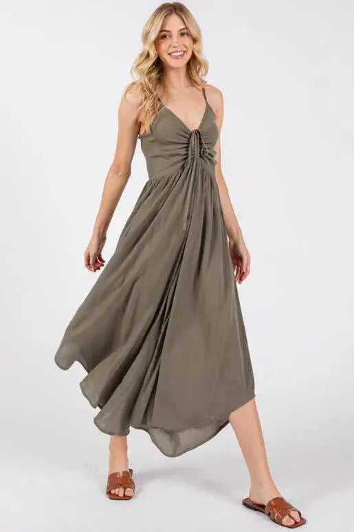 Woven Solid Front Ruched Midi Jumpsuit - VNJU60322