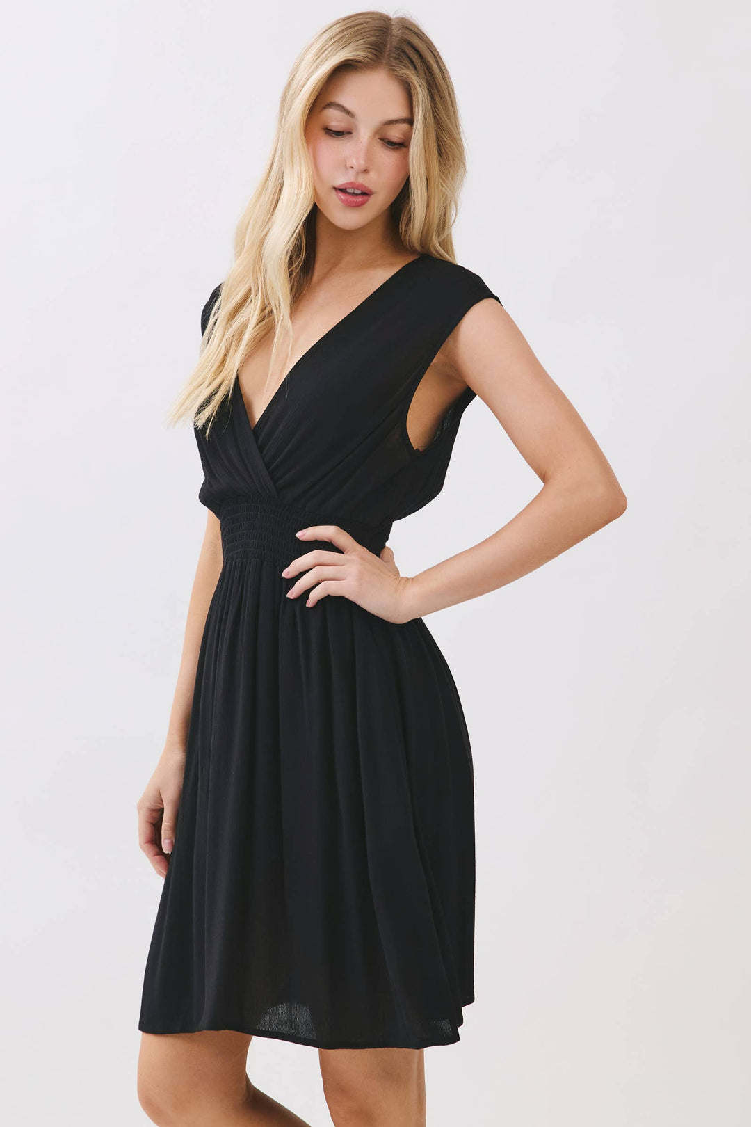 SURPLICE SMOCKED WAIST MINI DRESS - VJD400097