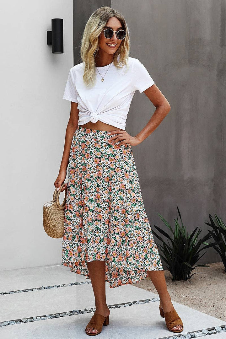 Floral Ruffle Swing Midi Skirt