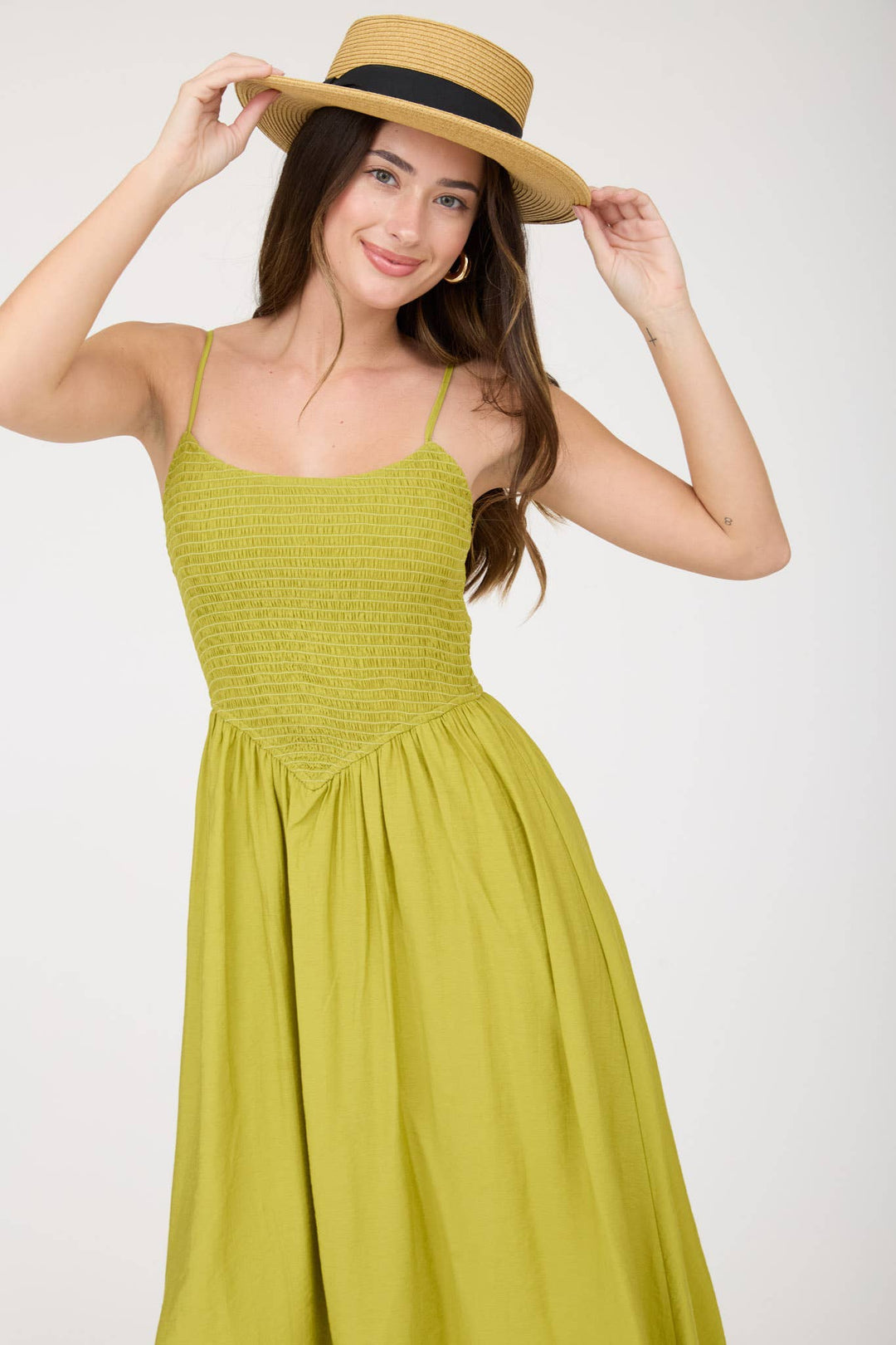 SMOCKED BASQUE WAIST SPAGHETTI STRAP MIDI DRESS