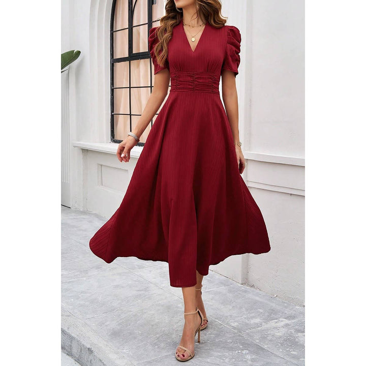 V Neck Solid Puff Sleeves Fit Full Dress