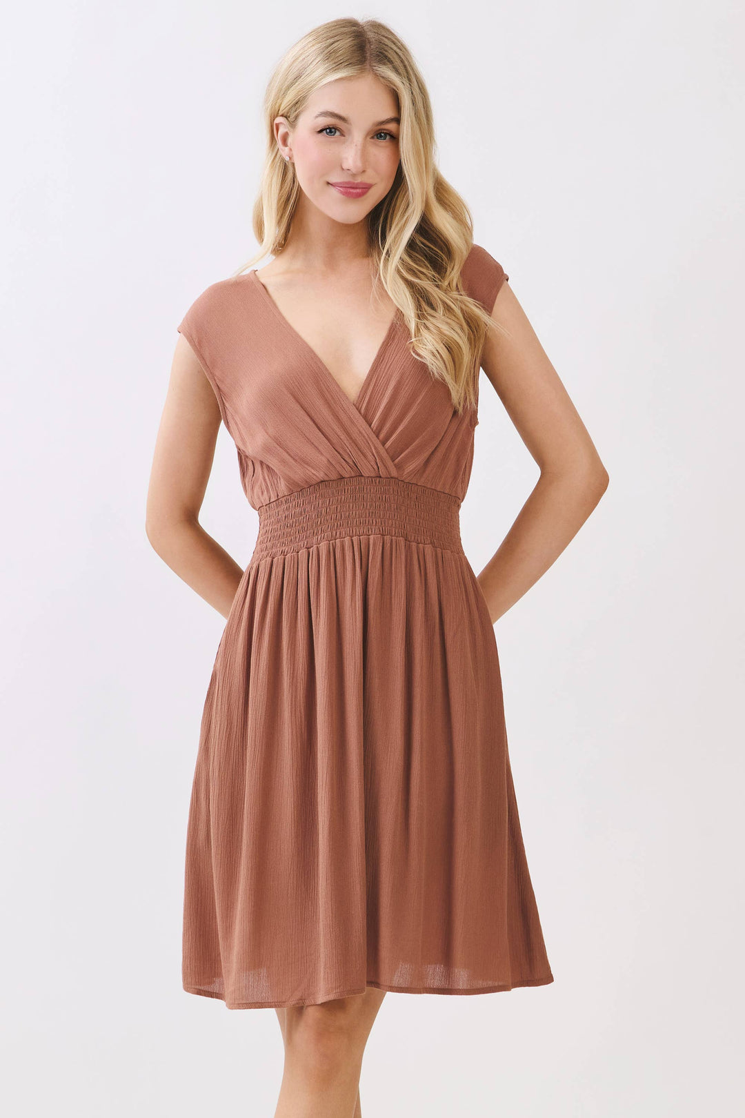 SURPLICE SMOCKED WAIST MINI DRESS - VJD400097
