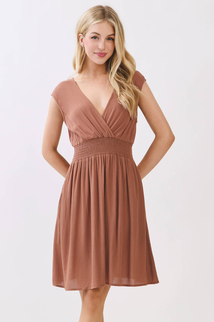SURPLICE SMOCKED WAIST MINI DRESS - VJD400097