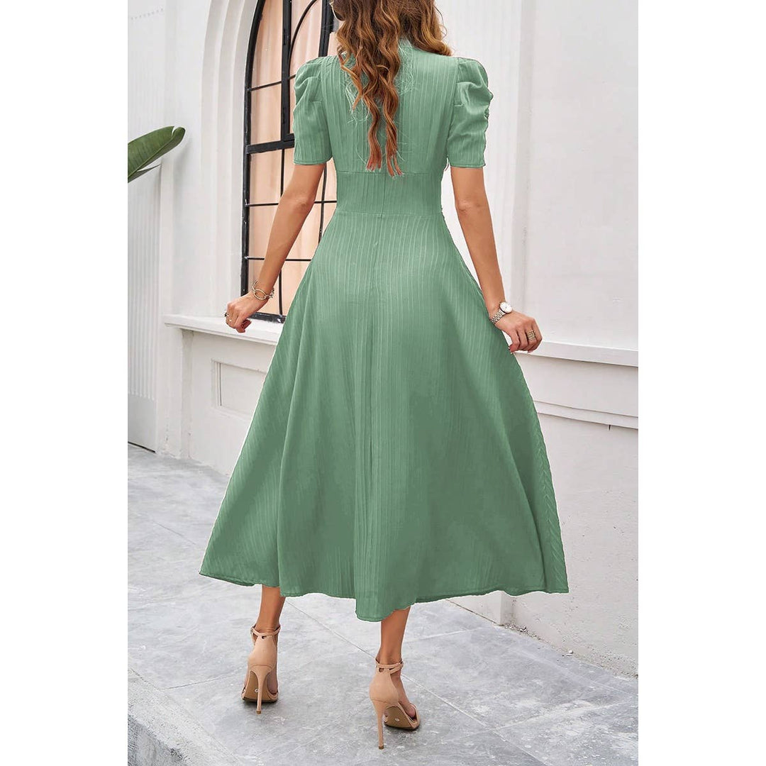 V Neck Solid Puff Sleeves Fit Full Dress