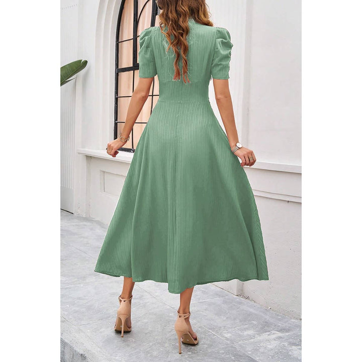 V Neck Solid Puff Sleeves Fit Full Dress