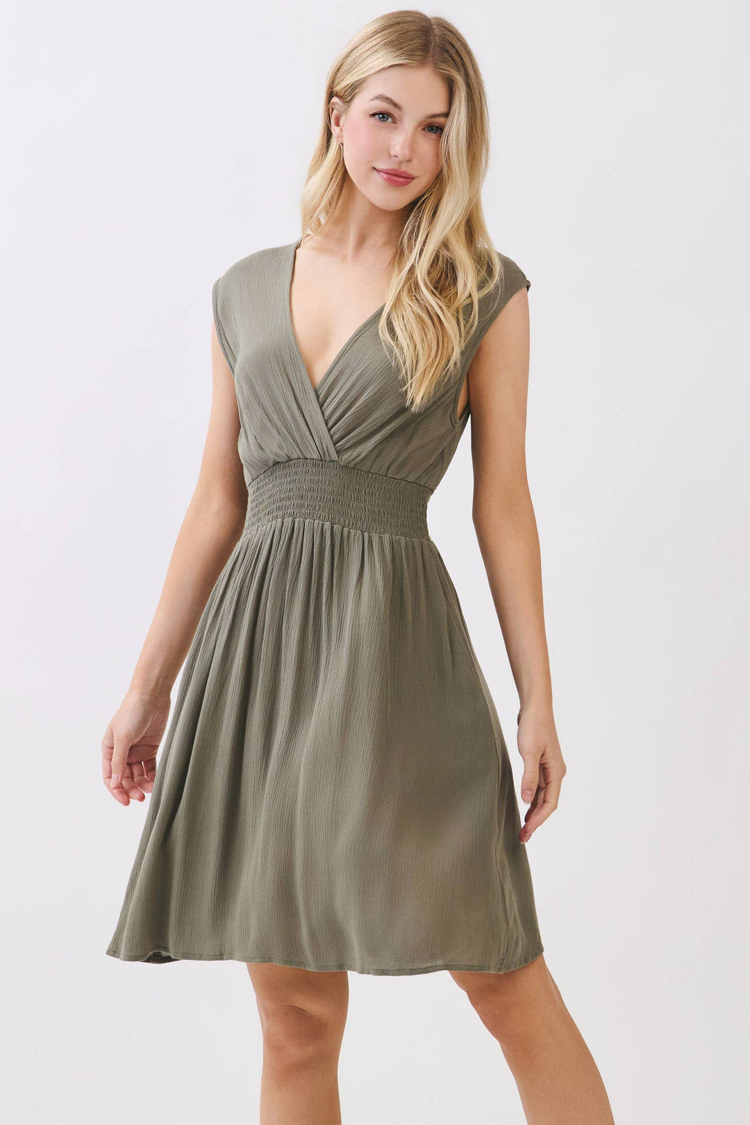 SURPLICE SMOCKED WAIST MINI DRESS - VJD400097