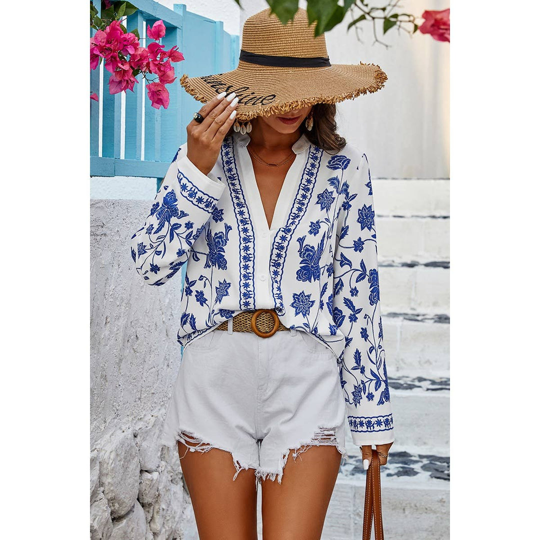 Floral Print Deep V Loose Fit Long Sleeves Blouse