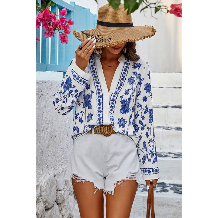 Floral Print Deep V Loose Fit Long Sleeves Blouse