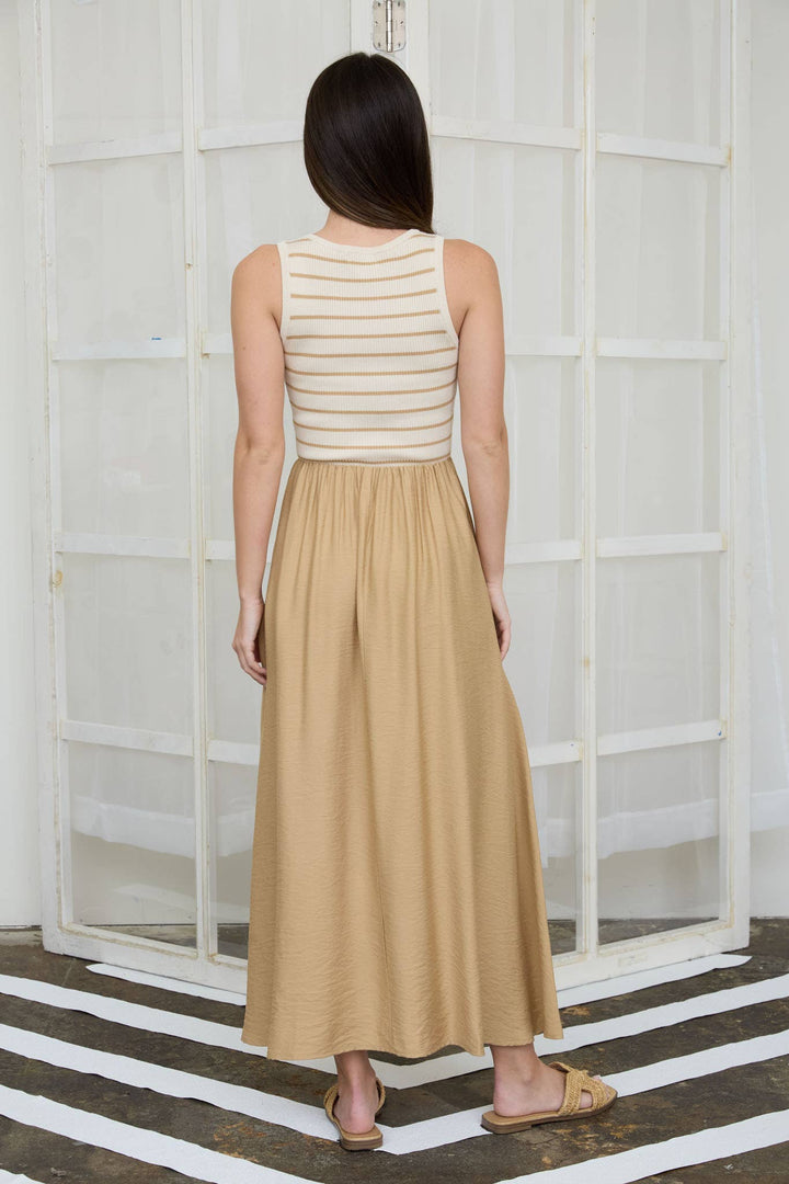 STRIPE TANK SLEEVELESS MIXED MEDIA MIDI DRESS