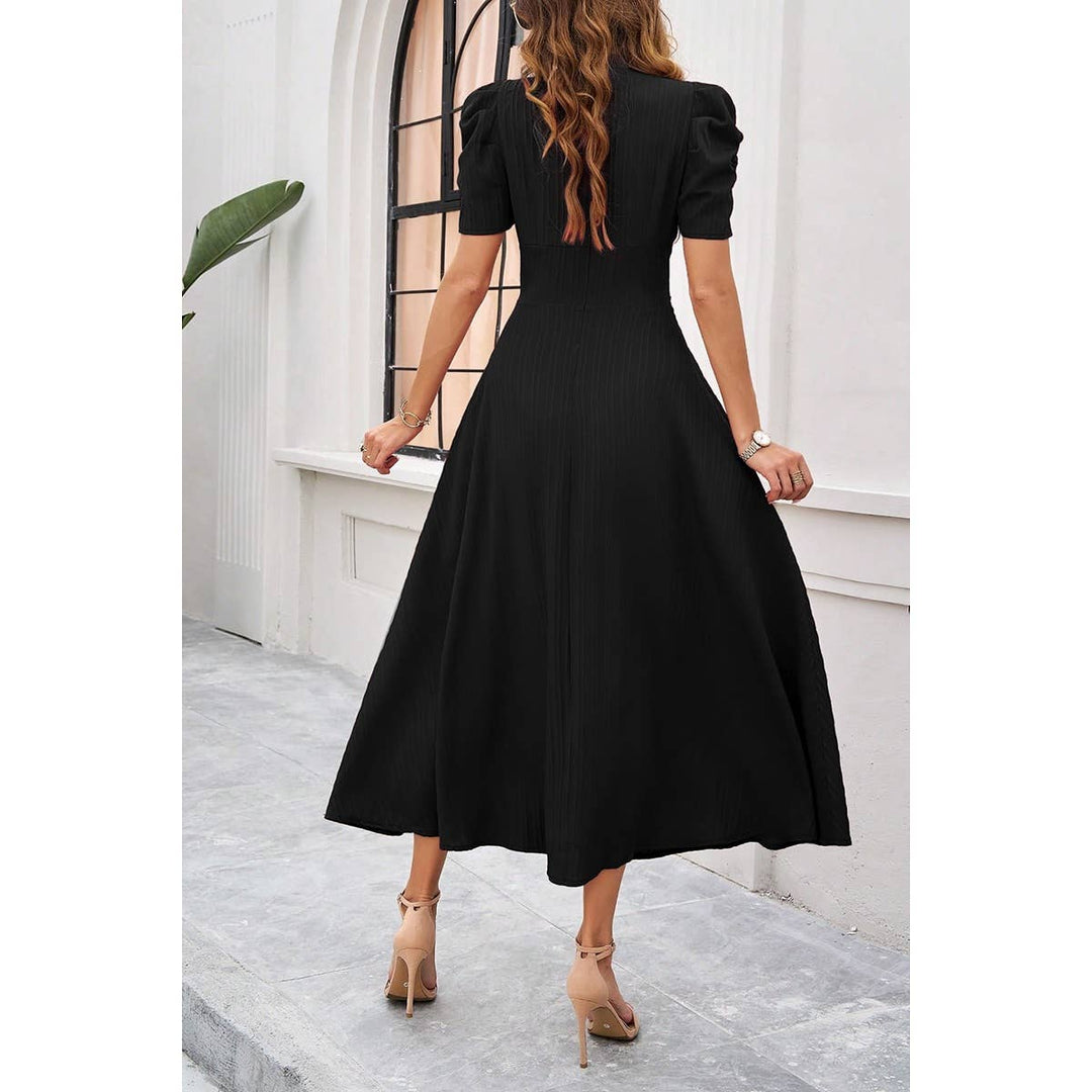V Neck Solid Puff Sleeves Fit Full Dress