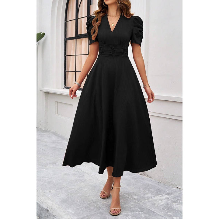 V Neck Solid Puff Sleeves Fit Full Dress