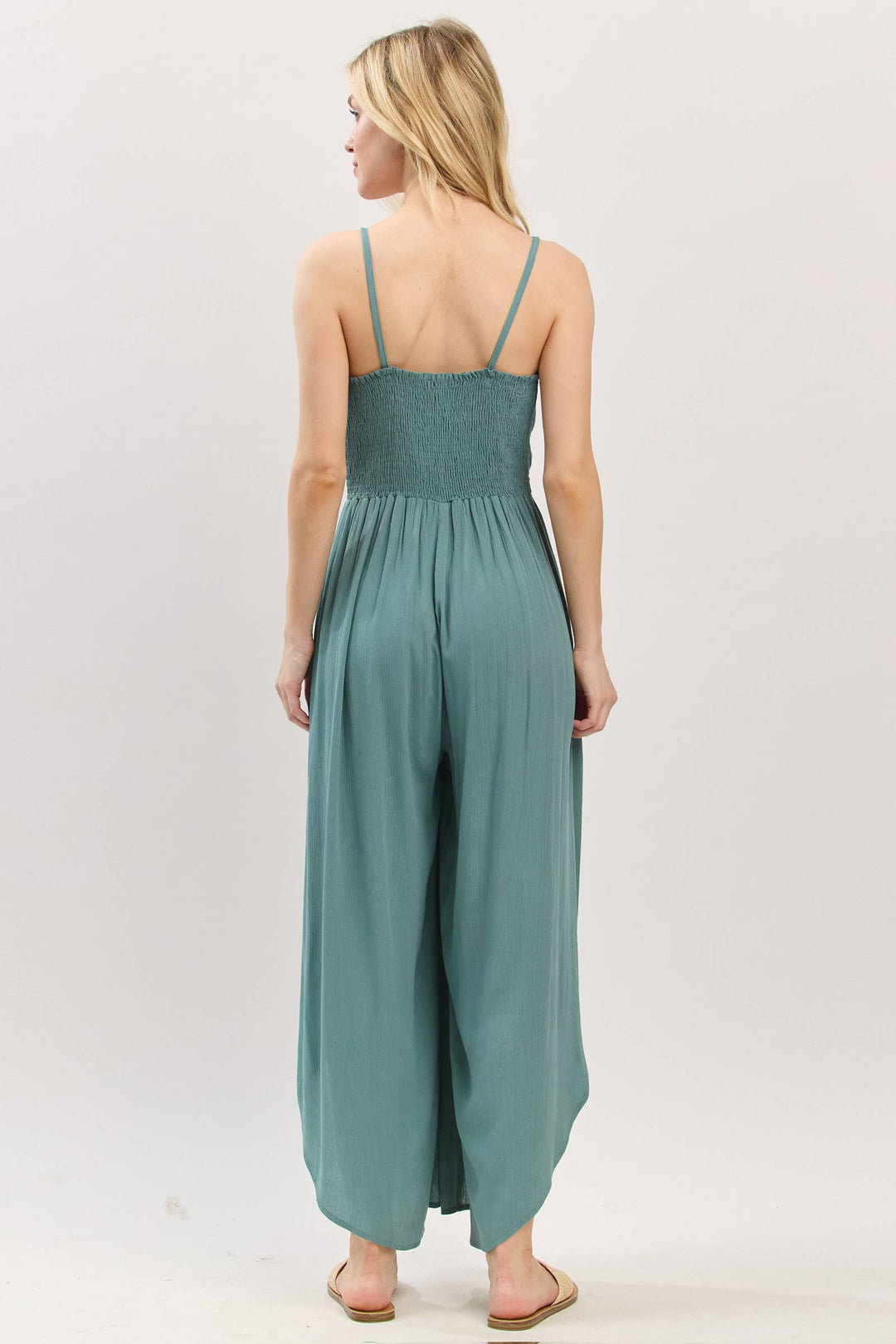 Woven Solid Front Ruched Midi Jumpsuit - VNJU60322