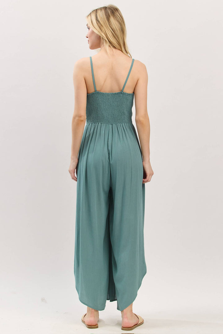 Woven Solid Front Ruched Midi Jumpsuit - VNJU60322