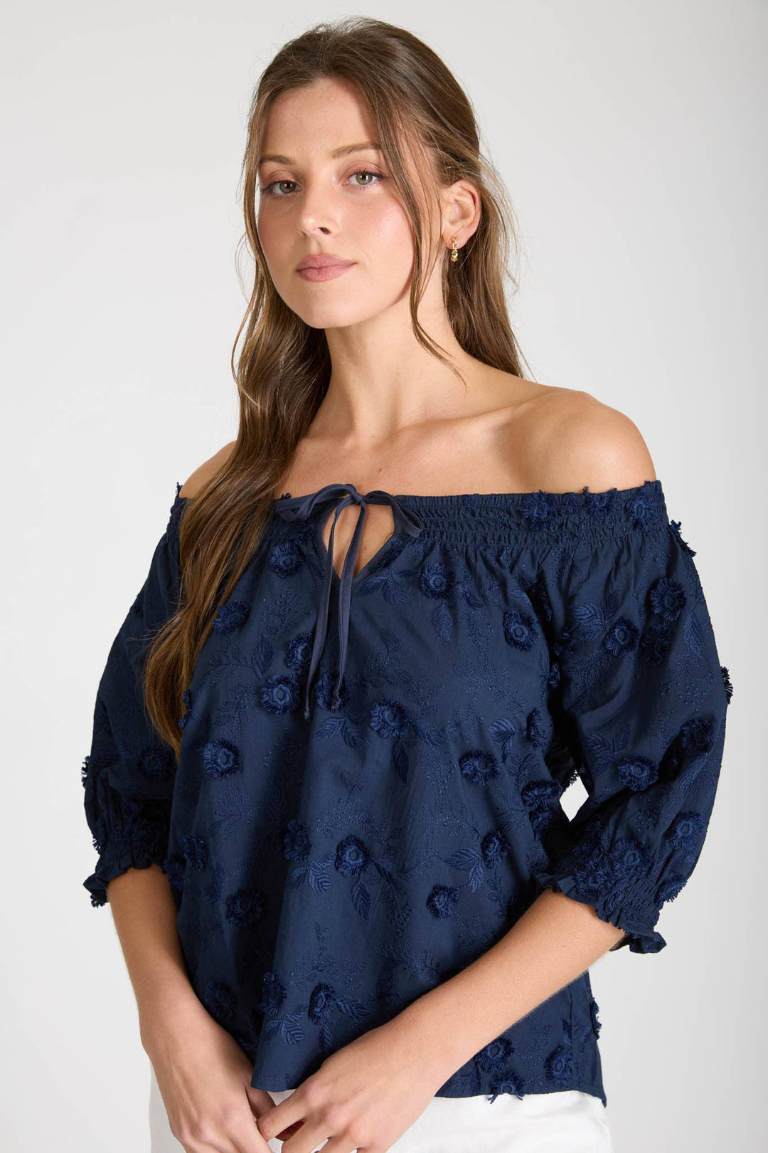 EMBROIDERED 3D FLORAL OFF THE SHOULDER BLOUSE